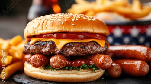 A delicious cheeseburger complete with lettuce, tomato, grilled sausage, and crispy fries, set in a festive mood against an American flag, perfect for hearty appetites. photo