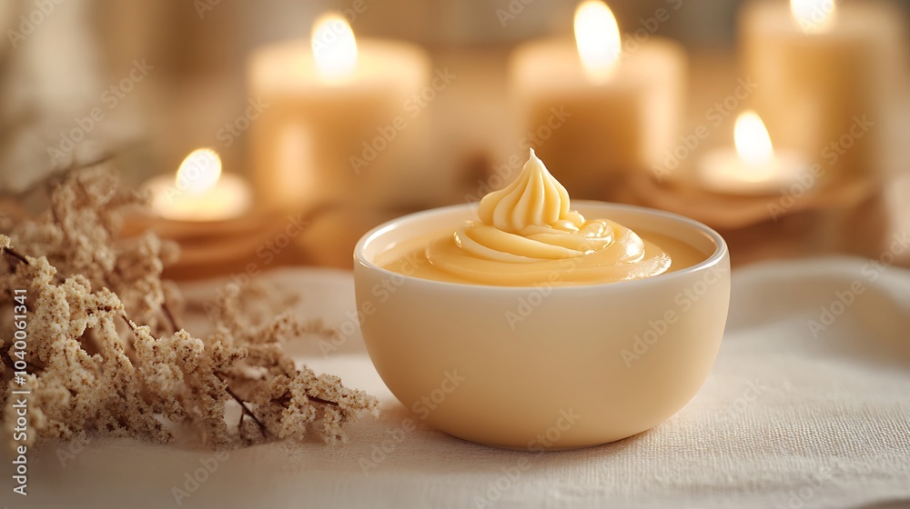 A vanilla-scented candle next to a bowl of caramel custard, soft golden light casting a warm glow on the scene, the creamy fragrance of vanilla and caramel blending into a soothing, comforting,