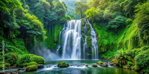 Majestic waterfall flowing through vibrant green foliage.