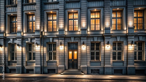 Low Light Photography of a Gray Building Facade with Dramatic Shadows and Soft Illuminations