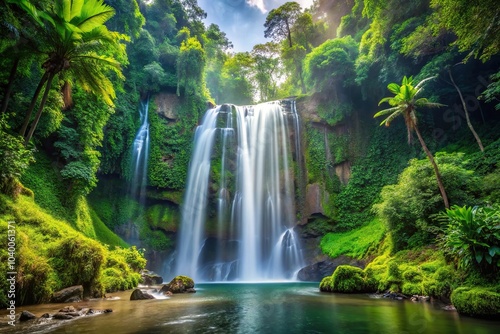 Majestic waterfall in lush rainforest setting