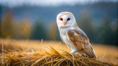 Majestic white Barn Owl in Bohemian Moravian Highlands staring intensely photo