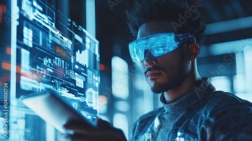 Man with futuristic digital tablet on a project