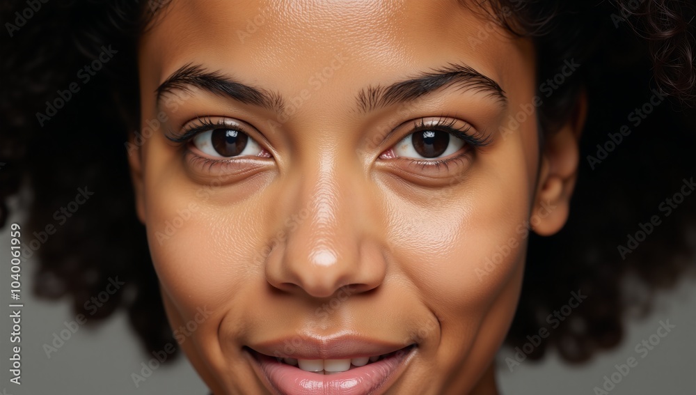 Portrait featuring a close-up view of a young beautiful African American woman looking directly into the camera Portrait featuring a close-up view of a young beautiful African American woman looking directly into the camera