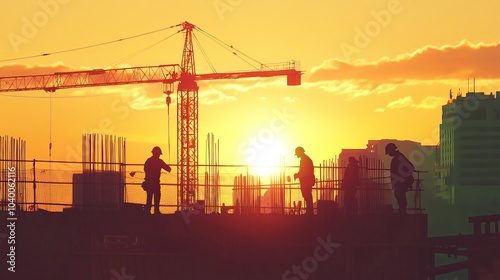 Silhouette of an industrial engineer communicating with workers on-site, elevated and secured in harness, against a serene pastel sunset background.