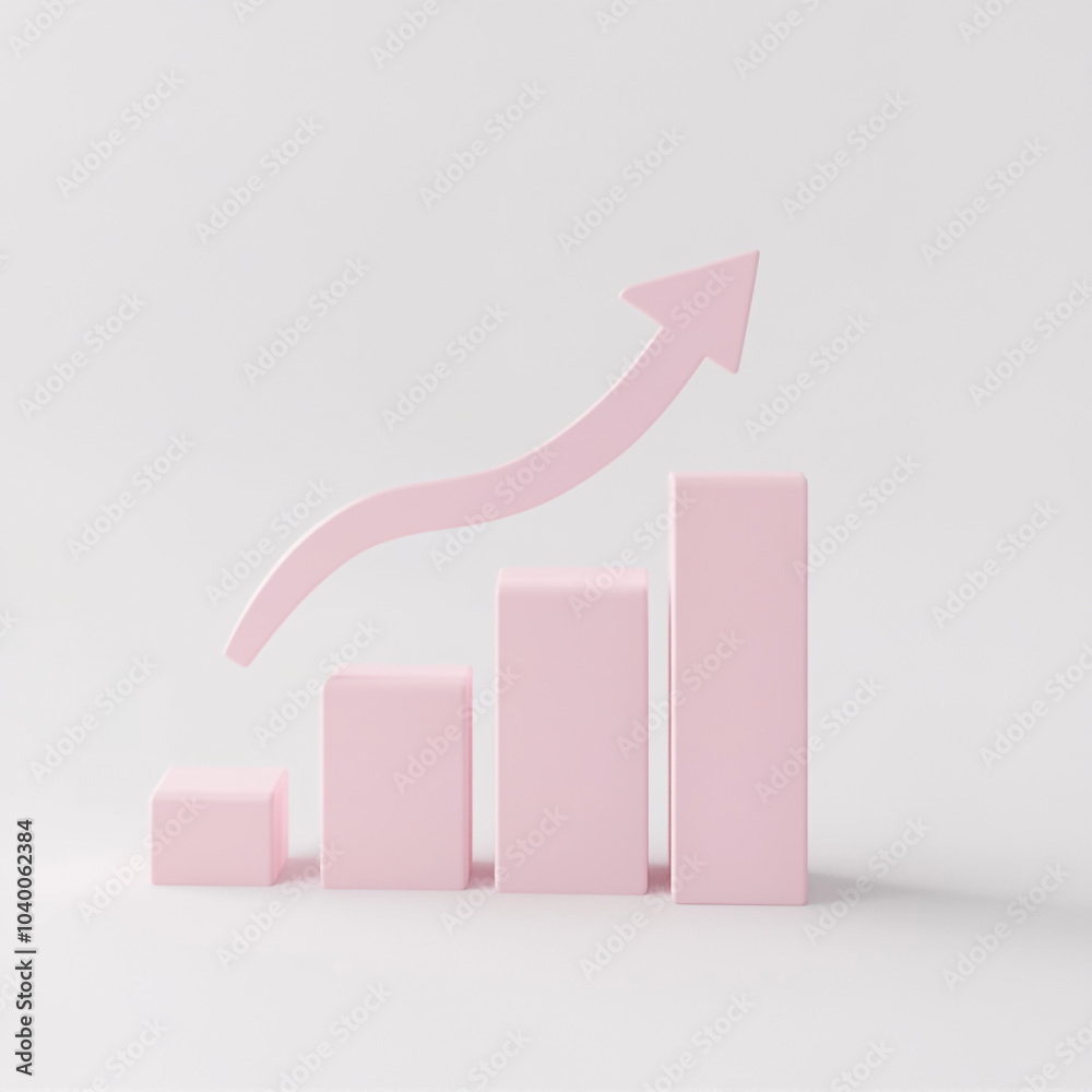 A pink pink arrow pointing upwards with bar charts below it. Concept of growth and progress, as the arrow represents upward movement
