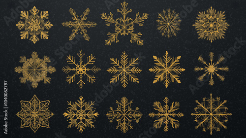 Collection of elegant gold snowflakes on dark decorative background