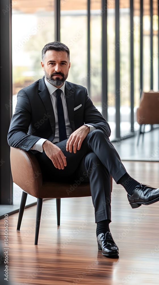 Confident businessman in a suit sitting in a chair. Confident businessman in a suit sitting in a chair.