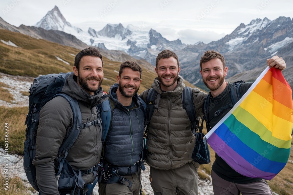 A group of hikers proudly hold a rainbow flag while posing against a breathtaking mountain range. Their adventurous spirit is highlighted by camaraderie and exploration. A group of hikers proudly hold a rainbow flag while posing against a breathtaking mountain range. Their adventurous spirit is highlighted by camaraderie and exploration.