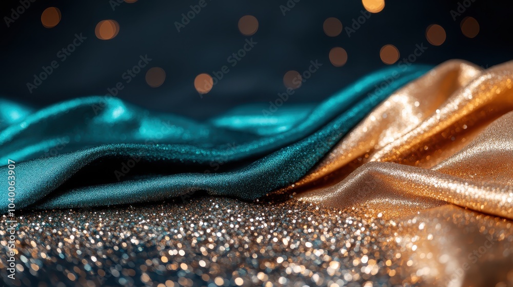 Obraz premium Luxurious teal and gold satin fabrics lie on a bed of tiny shimmering sparkles, evoking a sense of opulence and sophistication in a dreamy setting.