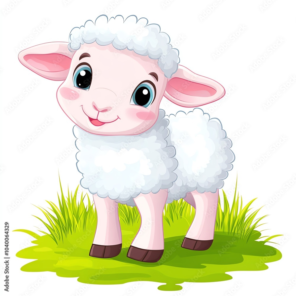A cute cartoon lamb with fluffy white wool and big eyes, standing on green grass, conveying a playful and friendly vibe. A cute cartoon lamb with fluffy white wool and big eyes, standing on green grass, conveying a playful and friendly vibe.