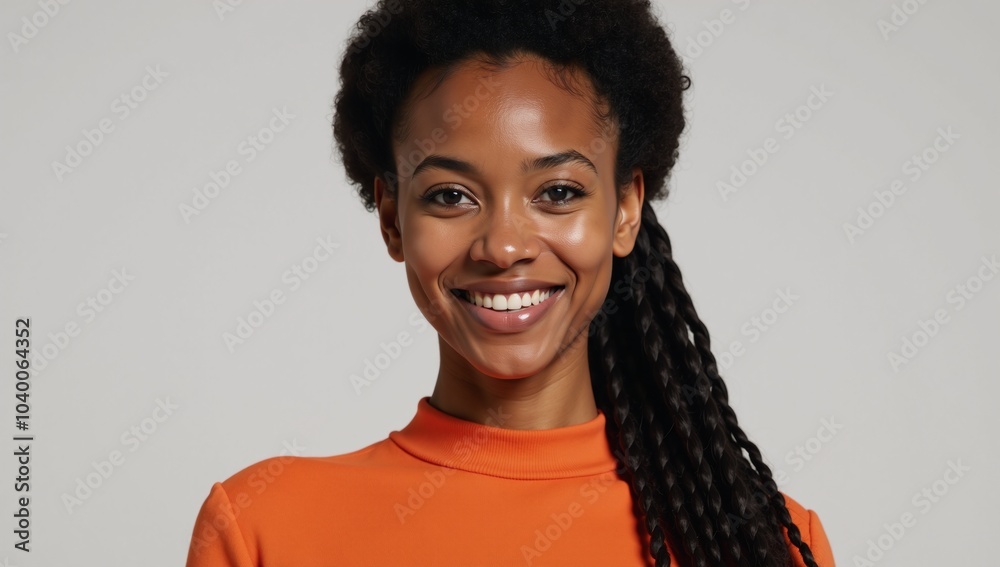 A portrait showcases an engaging smile on an African American woman donning an orange top and sporting afro braids