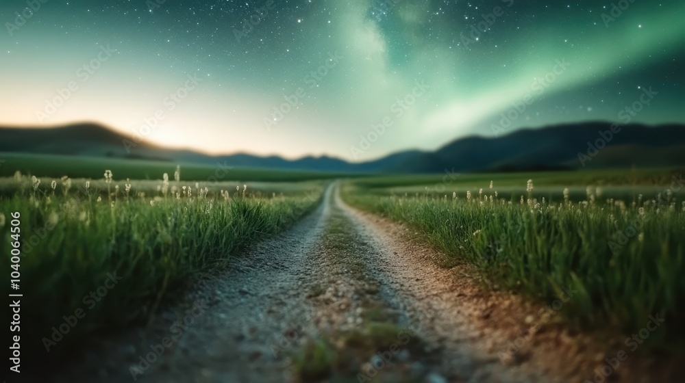 A dreamy country path stretches into the distance under a starlit sky, accompanied by the magical glow of an aurora, evoking wonder and tranquility in nature. A dreamy country path stretches into the distance under a starlit sky, accompanied by the magical glow of an aurora, evoking wonder and tranquility in nature.
