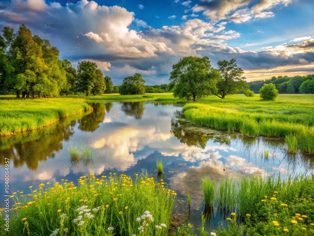 Fototapeta premium Lush Green Meadow Underwater: Nature's Beauty After a Flood