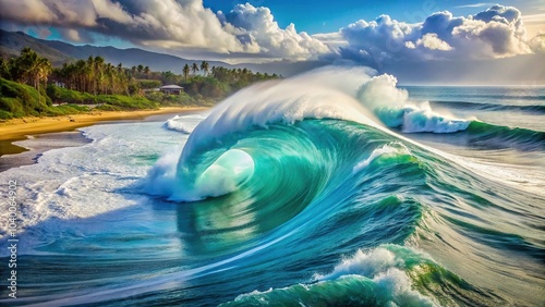 Massive breaking wave at Pipeline on North Shore of Oahu, Hawaii, aerial view