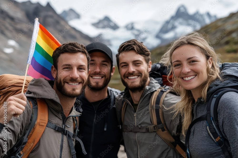 A group of diverse hikers, carrying a pride flag, capture the essence of friendship and adventure amidst breathtaking mountain backdrops, symbolizing unity and exploration. A group of diverse hikers, carrying a pride flag, capture the essence of friendship and adventure amidst breathtaking mountain backdrops, symbolizing unity and exploration.