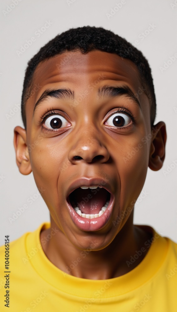 Portrait of an amazed African-American teen with wide eyes and gaping mouth against vibrant background Portrait of an amazed African-American teen with wide eyes and gaping mouth against vibrant background