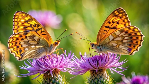 Mating silver washed fritillarys on Centaurea flower photo