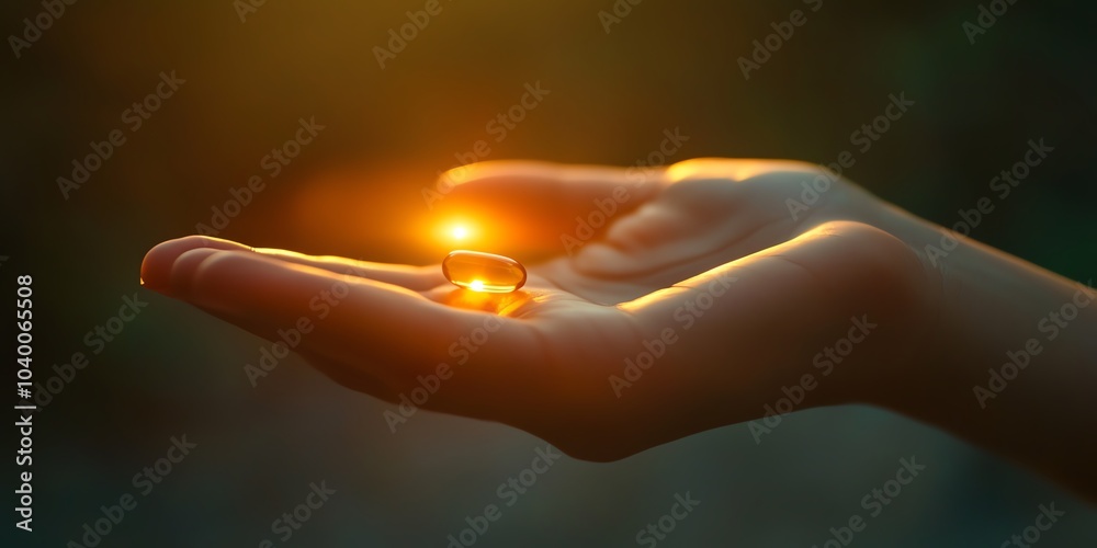 Closeup of a hand holding a pill, veins visible, glowing warm light reflecting off, symbolizing healing, soft focus, neutral background, calm and soothing mood Closeup of a hand holding a pill, veins visible, glowing warm light reflecting off, symbolizing healing, soft focus, neutral background, calm and soothing mood