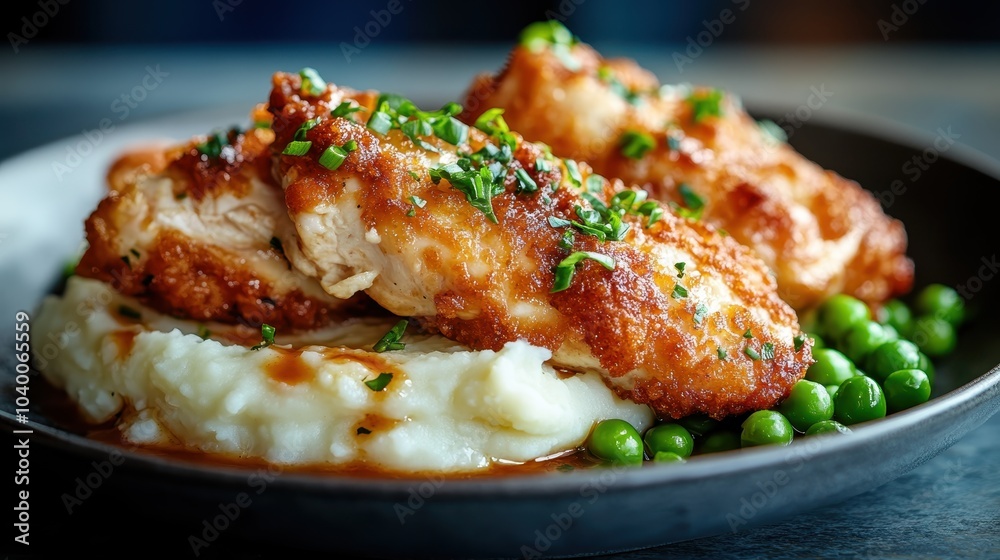 A plate of golden crispy chicken served atop creamy mashed potatoes and vibrant green peas, creating a delicious and enticing culinary masterpiece. A plate of golden crispy chicken served atop creamy mashed potatoes and vibrant green peas, creating a delicious and enticing culinary masterpiece.