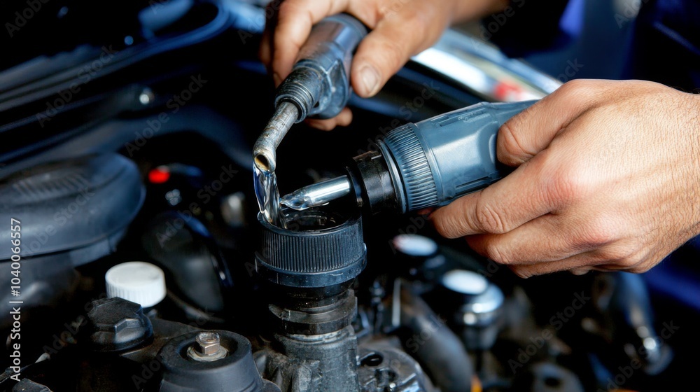 Fototapeta premium Mechanic Pouring Fluid into Car Engine