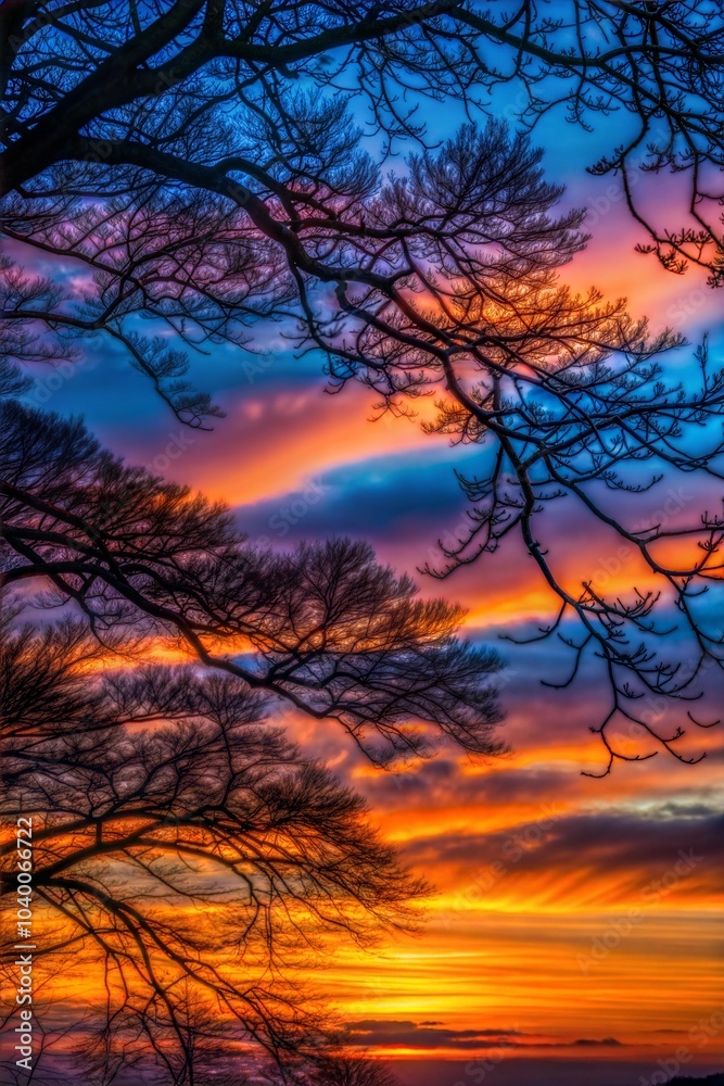 Fototapeta premium Silhouetted trees against fiery horizon and vibrant sunset vivid sky
