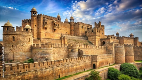 Medieval palace with battlement turrets and high brown stone walls at eye level photo