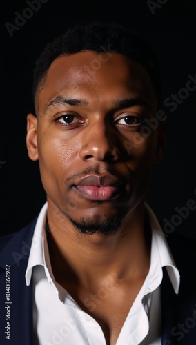 Portrait of a dark-skinned African American man against a black backdrop