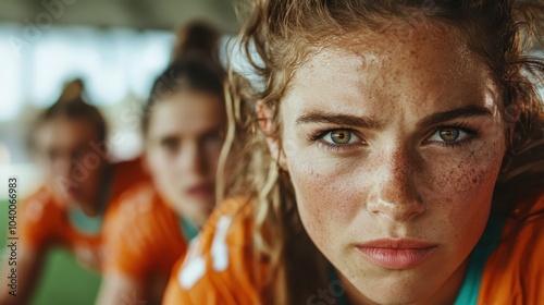 Wallpaper Mural A determined young athlete in an orange jersey stares intently ahead, embodying focus and commitment, ready to excel in an intense competitive sports setting. Torontodigital.ca