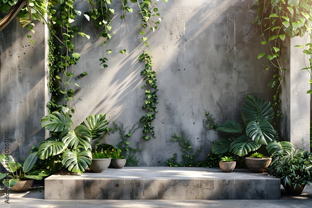 Serene Indoor Garden with Lush Greenery and Concrete Elements Serene Indoor Garden with Lush Greenery and Concrete Elements