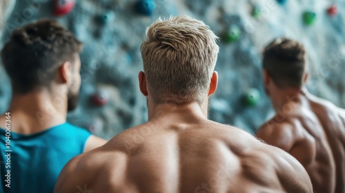 The image showcases the back view of three muscular men getting ready to climb a rock wall, highlighting their fitness and determination in an indoor climbing gym. photo