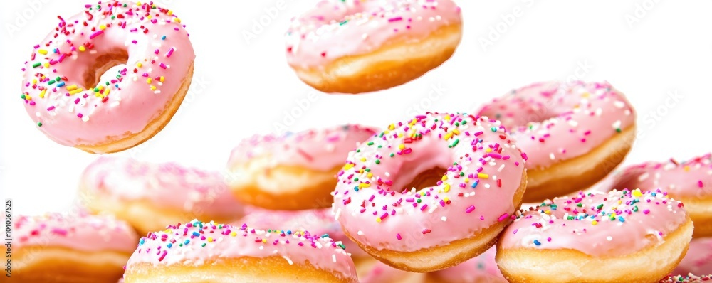 A collection of donuts suspended in motion, covered in pink icing and sprinkles, isolated on white, giving a sense of fun and delight A collection of donuts suspended in motion, covered in pink icing and sprinkles, isolated on white, giving a sense of fun and delight