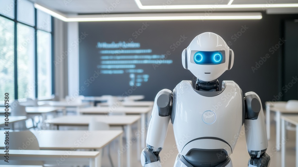 A robot conducting interactive learning sessions in a modern educational facility with high-tech classrooms and clean, organized spaces, Educational tech style A robot conducting interactive learning sessions in a modern educational facility with high-tech classrooms and clean, organized spaces, Educational tech style