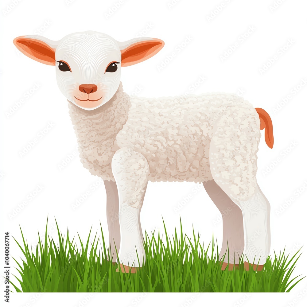 Obraz premium A cute white lamb stands on green grass, featuring soft wool and playful expression, symbolizing innocence and nature.