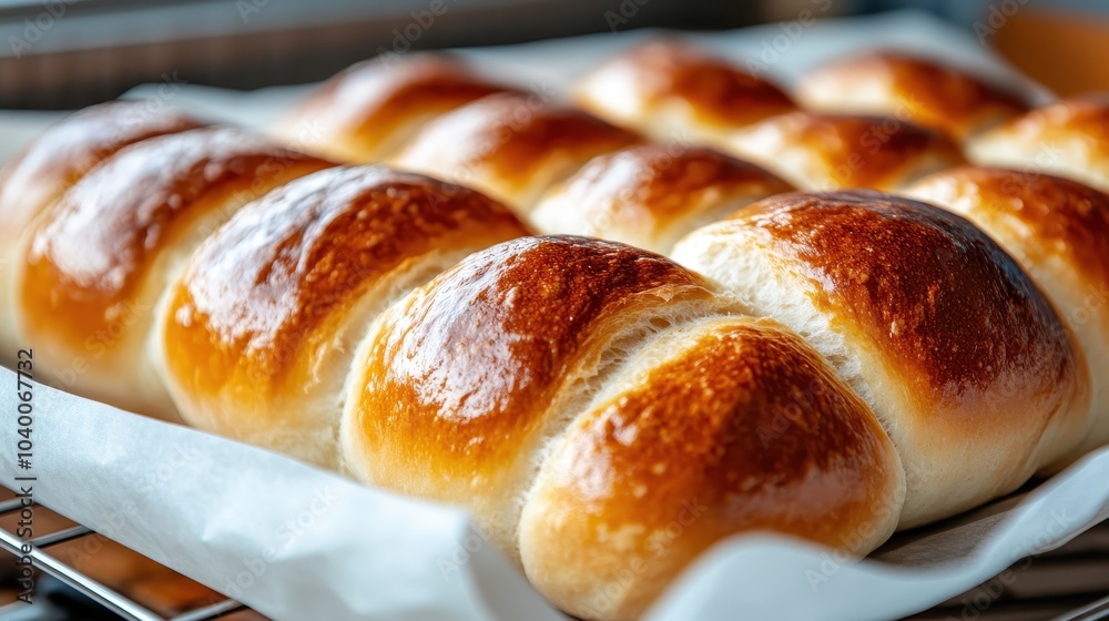 A close-up view of freshly baked, glossy bread rolls in a tray, highlighting the soft texture and golden brown crust, perfect for food presentations or culinary projects. A close-up view of freshly baked, glossy bread rolls in a tray, highlighting the soft texture and golden brown crust, perfect for food presentations or culinary projects.