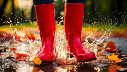 Red Rain Boots Splashing in Autumn Puddle