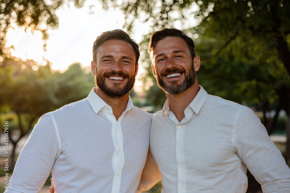 Two men, wearing light shirts, pose with arms around each other, enjoying a delightful evening outside with a backdrop of trees under the warm glow of sunset. Two men, wearing light shirts, pose with arms around each other, enjoying a delightful evening outside with a backdrop of trees under the warm glow of sunset.