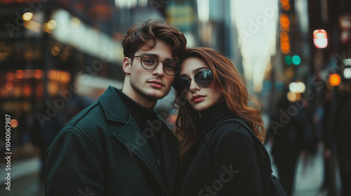 The image is a close-up of a couple standing in a city street, with the man wearing glasses and the woman wearing sunglasses.