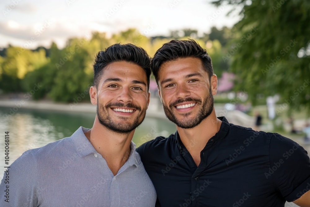 Two men pose happily together next to a body of water against a backdrop of trees and sky. Their authentic smiles convey a sense of friendship and joy. Two men pose happily together next to a body of water against a backdrop of trees and sky. Their authentic smiles convey a sense of friendship and joy.