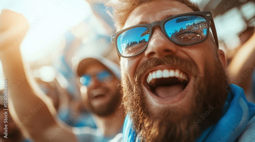 A vibrant scene showing a joyful man wearing sunglasses, exuberantly cheering, surrounded by a festive crowd, embodying happiness and energy in daylight. A vibrant scene showing a joyful man wearing sunglasses, exuberantly cheering, surrounded by a festive crowd, embodying happiness and energy in daylight.