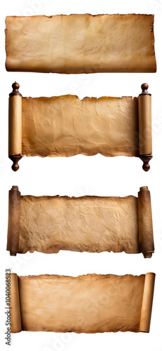 Old decorative scrolls with wooden ends, isolated on white background for graphic design projects.