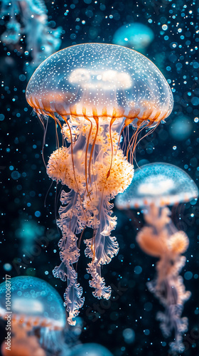 close-up of a jellyfish with its transparent bell and trailing tentacles, set against a blue background with a subtle bokeh effect.