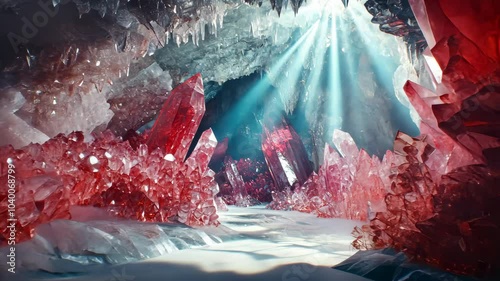 A ray of light shines through a crystal cave, illuminating the pink and white crystals
