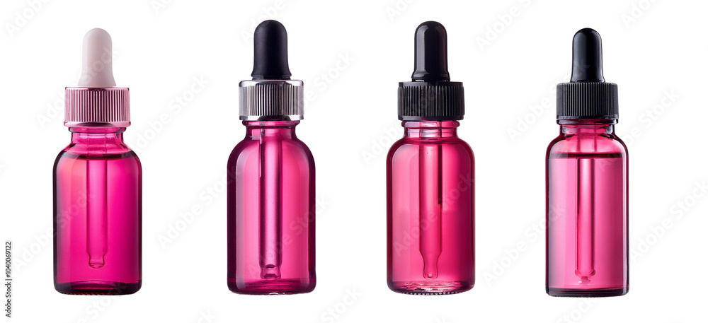 Four pink glass dropper bottles with varying lids on a white isolated background. Four pink glass dropper bottles with varying lids on a white isolated background.