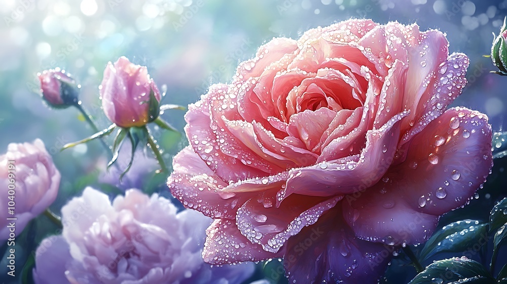 Close-up of a vibrant rose with morning dew droplets on its petals, surrounded by blooming peonies and jasmine, soft sunlight highlighting the delicate details, the sweet floral scent filling the air, Close-up of a vibrant rose with morning dew droplets on its petals, surrounded by blooming peonies and jasmine, soft sunlight highlighting the delicate details, the sweet floral scent filling the air,