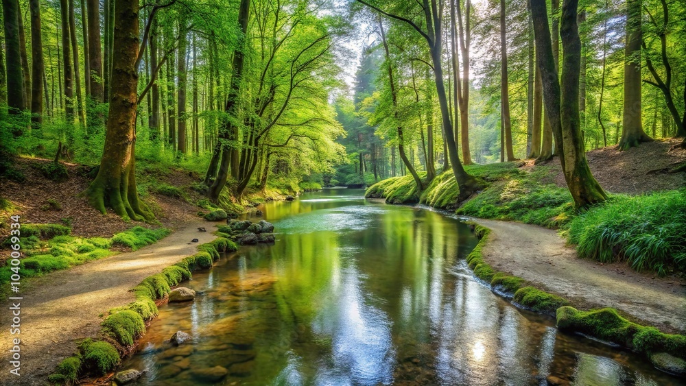 Medium shot of a small river winding through a forest with a scenic path Medium shot of a small river winding through a forest with a scenic path