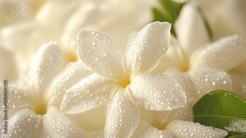 Close-up of jasmine and gardenia flowers covered in morning dew, soft sunlight filtering through the petals, the sweet floral fragrance of jasmine blending with a touch of musk,