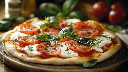 A classic pizza featuring slices of ripe tomatoes, creamy mozzarella, and fresh basil, elegantly presented on a wooden board, embodies the essence of simple elegance. photo