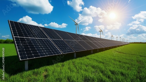 Modern Black Frameless Solar Panel Farm with Wind Turbines on Green Field Under Sunny Blue Sky