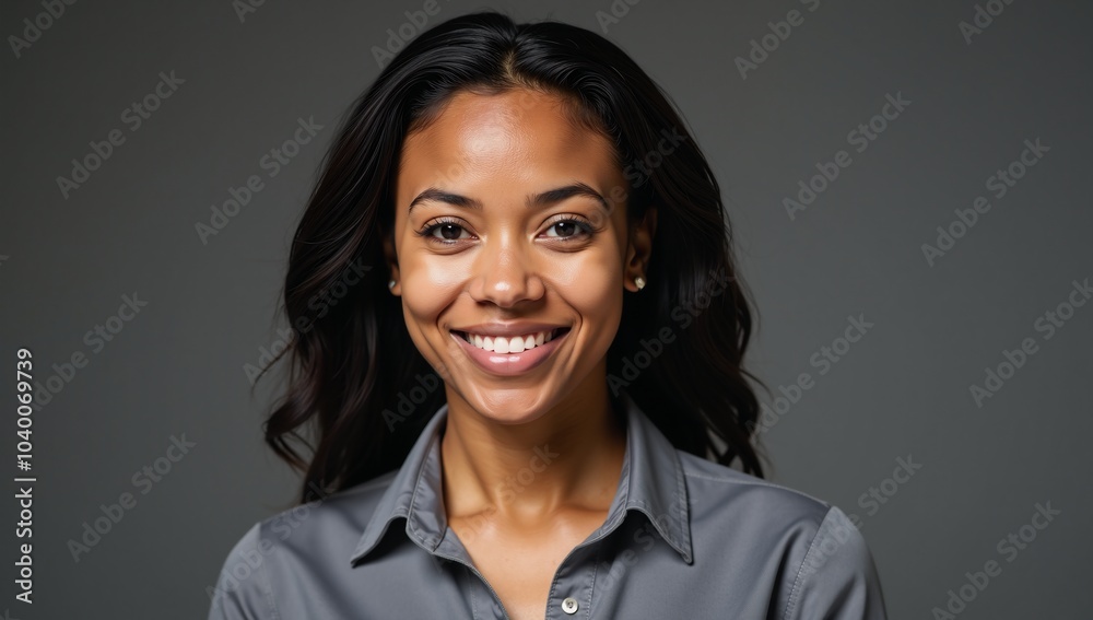 A young African American woman beams confidently and friendlily towards the camera dressed casually in a gray top against a soft-focused backdrop A young African American woman beams confidently and friendlily towards the camera dressed casually in a gray top against a soft-focused backdrop
